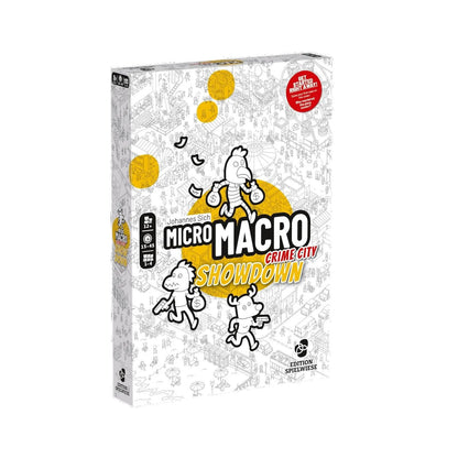 MicroMacro: Crime City – Showdown galda spēles kaste ar melnbaltu ilustrētu karti un dzelteniem akcentiem.