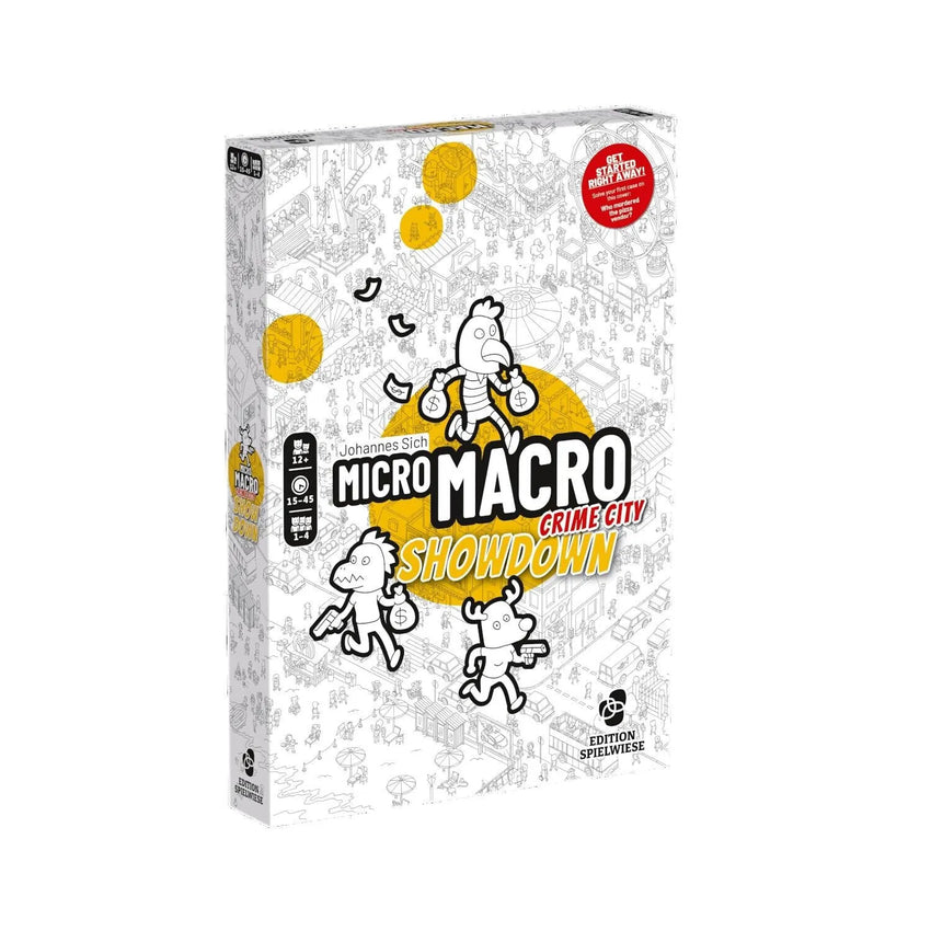 MicroMacro: Crime City – Showdown galda spēles kaste ar melnbaltu ilustrētu karti un dzelteniem akcentiem.