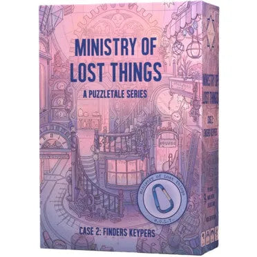 Ministry of Lost Things galda spēles kaste rozā toņos ar ilustrētu veikala interjeru un karabīnes attēlu.