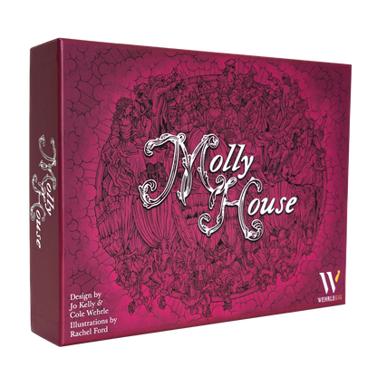 Molly House galda spēles kaste purpursarkanā krāsā ar detalizētu 18. gadsimta ilustrāciju un elegantu balto burtveidolu.