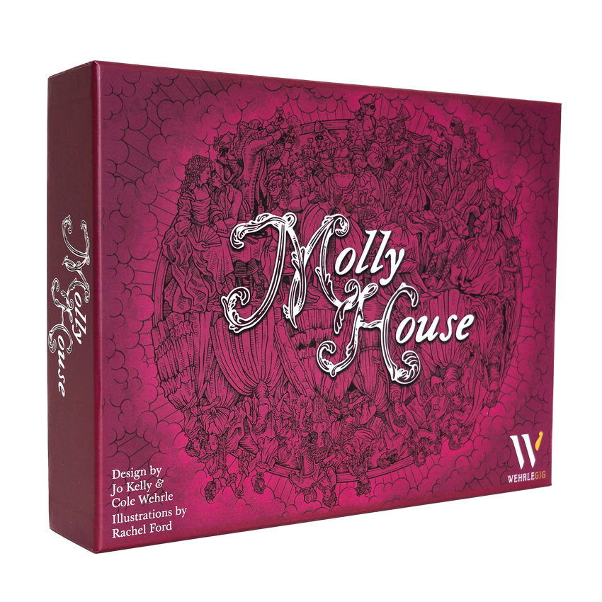 Molly House galda spēles kaste purpursarkanā krāsā ar detalizētu 18. gadsimta ilustrāciju un elegantu balto burtveidolu.