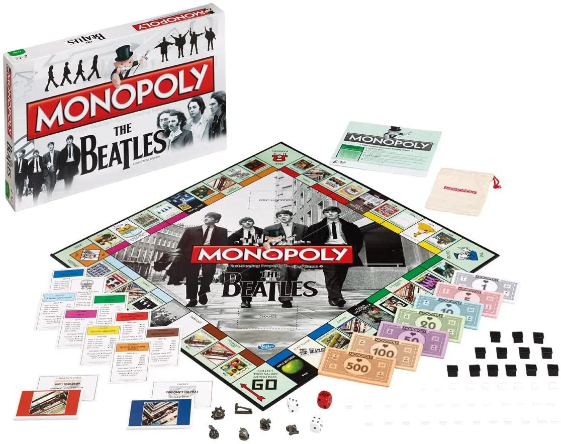The Beatles Monopoly galda spēle ar tematisku spēles laukumu, kolekcionējamām figūriņām, naudas zīmēm un kārtīm.