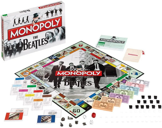 The Beatles Monopoly galda spēle ar tematisku spēles laukumu, kolekcionējamām figūriņām, naudas zīmēm un kārtīm.