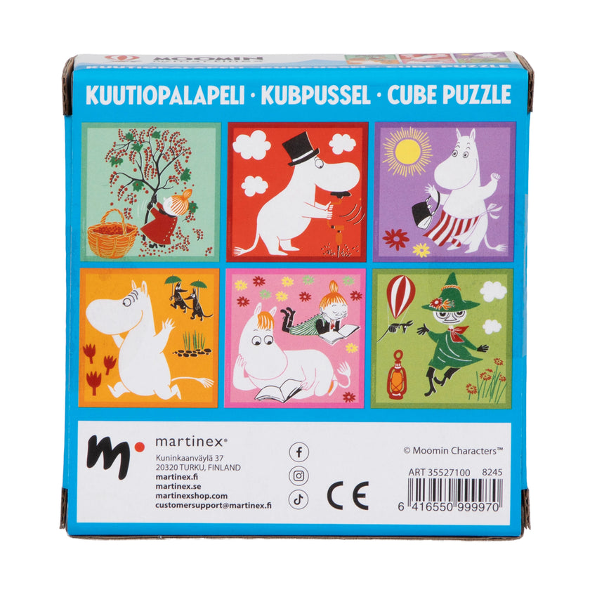 Moomin koka kubu puzle ar 6 krāsainiem tēlu attēliem uz 9 klučiem, piemērota bērniem no 1 gada vecuma.