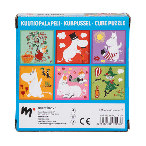 Moomin koka kubu puzle ar 6 krāsainiem tēlu attēliem uz 9 klučiem, piemērota bērniem no 1 gada vecuma.