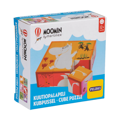 Moomin koka kubu puzle ar 9 krāsainiem elementiem un 6 dažādiem tēlu attēliem bērniem no 1 gada vecuma.