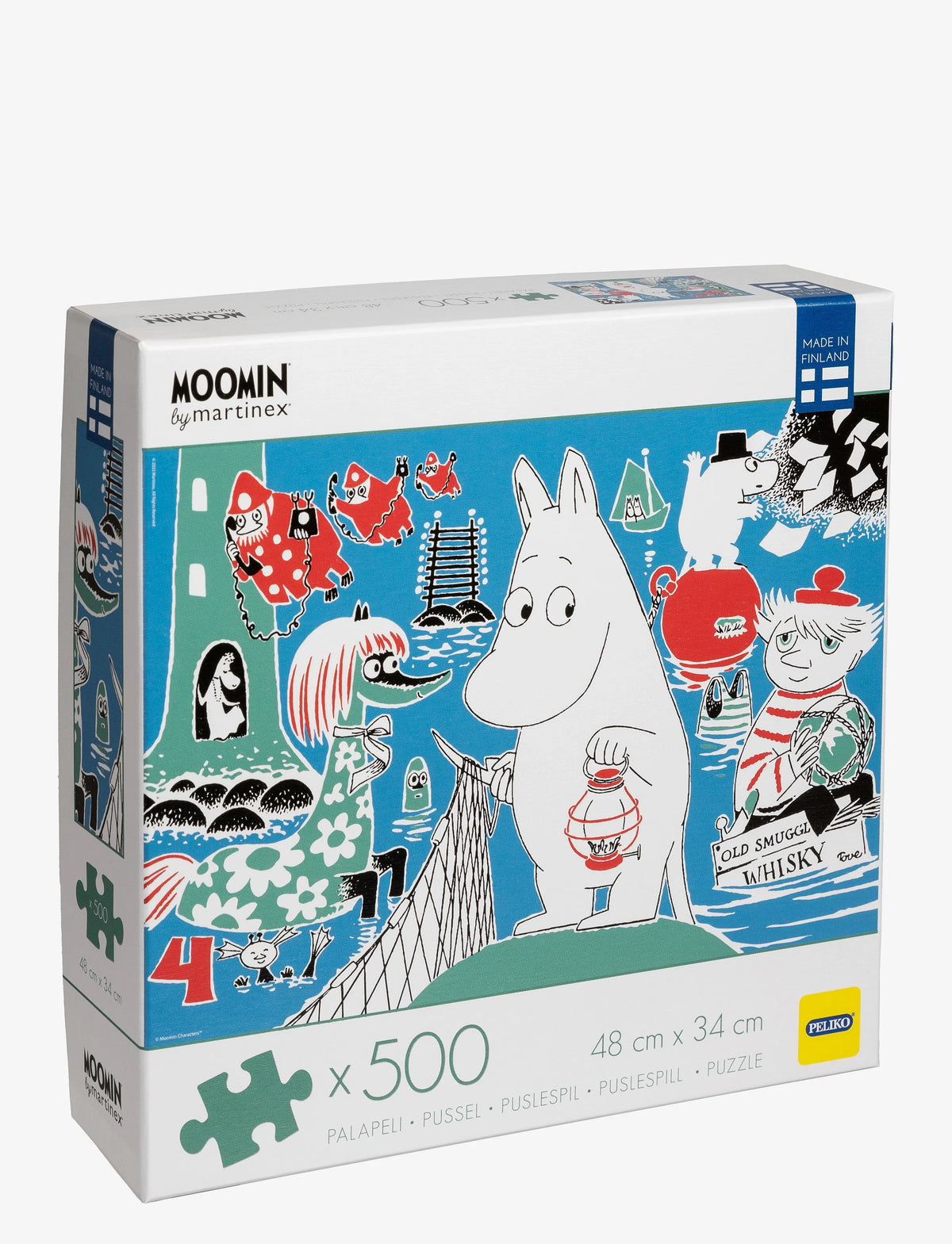 Moomin 500 gabaliņu puzle no pārstrādāta kartona ar krāsainu Tūves Jānsones komiksu ilustrāciju, izmērs 48x34 cm.