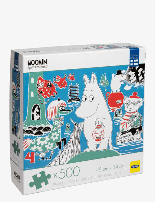 Moomin 500 gabaliņu puzle no pārstrādāta kartona ar krāsainu Tūves Jānsones komiksu ilustrāciju, izmērs 48x34 cm.