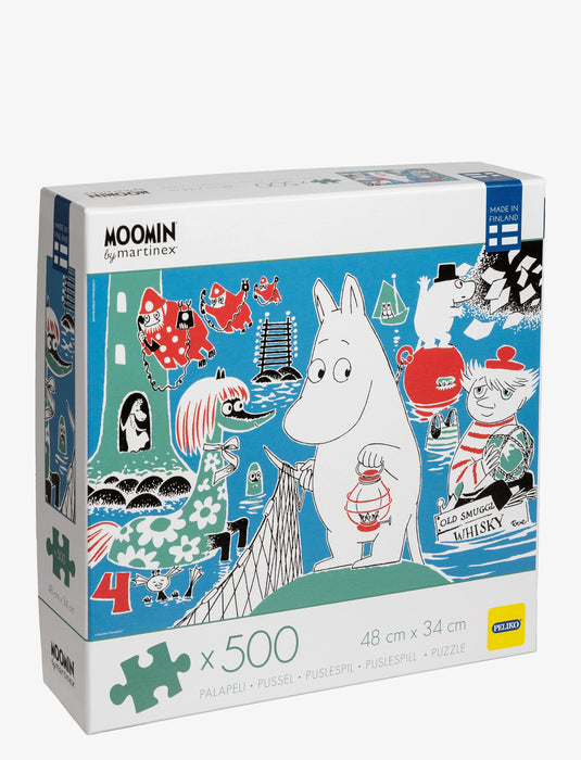 Moomin 500 gabaliņu puzle no pārstrādāta kartona ar krāsainu Tūves Jānsones komiksu ilustrāciju, izmērs 48x34 cm.