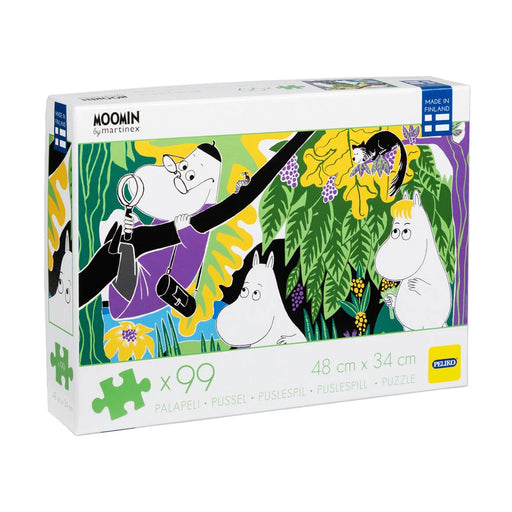 Moomin 99 gabaliņu puzle ar krāsainu dabas ainu, izgatavota no pārstrādāta kartona, izmērs 48x34 cm.