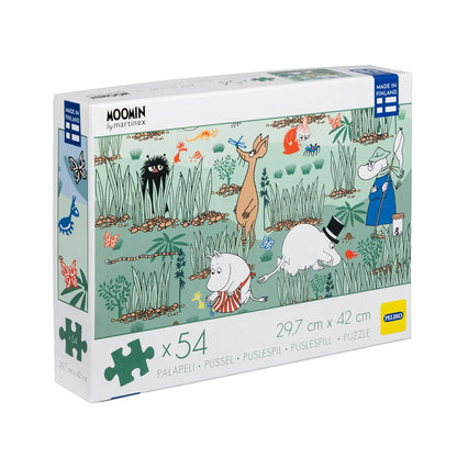 Moomin 54 gabaliņu puzle ar kukaiņu medību sižetu, izgatavota no pārstrādāta kartona, izmērs 29,7x42 cm.