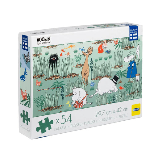 Moomin 54 gabaliņu puzle ar kukaiņu medību sižetu, izgatavota no pārstrādāta kartona, izmērs 29,7x42 cm.