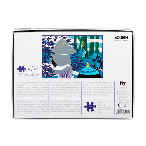 Moomin 54 gabaliņu puzle ar Morru mežā, izgatavota no pārstrādāta kartona, izmērs 29,7 x 42 cm.