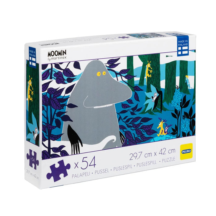 Moomin 54 gabaliņu puzle ar Morru mežā, izgatavota no pārstrādāta kartona, izmērs 29,7x42 cm.