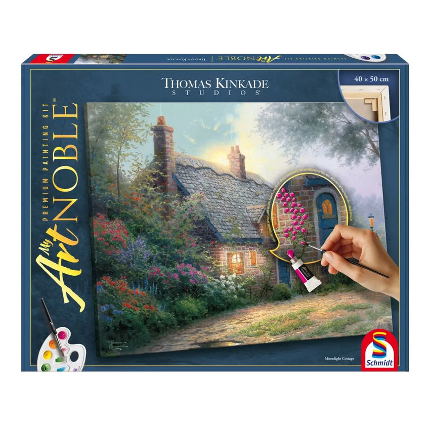 Thomas Kinkade Moonlight Cottage gleznošanas komplekts ar 40x50 cm audeklu, krāsām un otu ainavas gleznošanai.