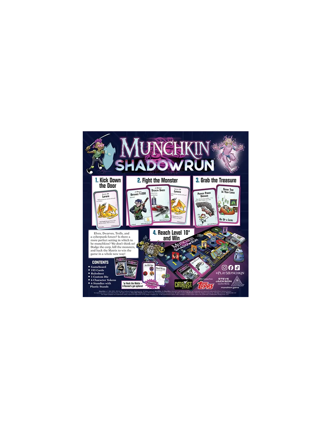 Munchkin Shadowrun galda spēles kastes un komponentu prezentācija ar kiberpanka stila ilustrācijām un spēles noteikumu aprakstu.