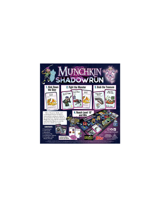 Munchkin Shadowrun galda spēles kastes un komponentu prezentācija ar kiberpanka stila ilustrācijām un spēles noteikumu aprakstu.