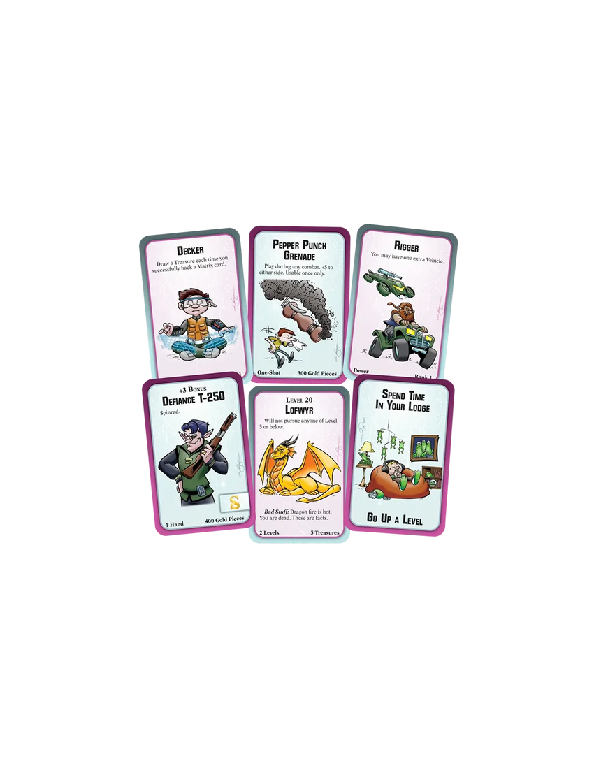 Munchkin Shadowrun kāršu spēles komplekts ar krāsainām ilustrācijām, tēliem un spēles noteikumiem uz baltā fona.