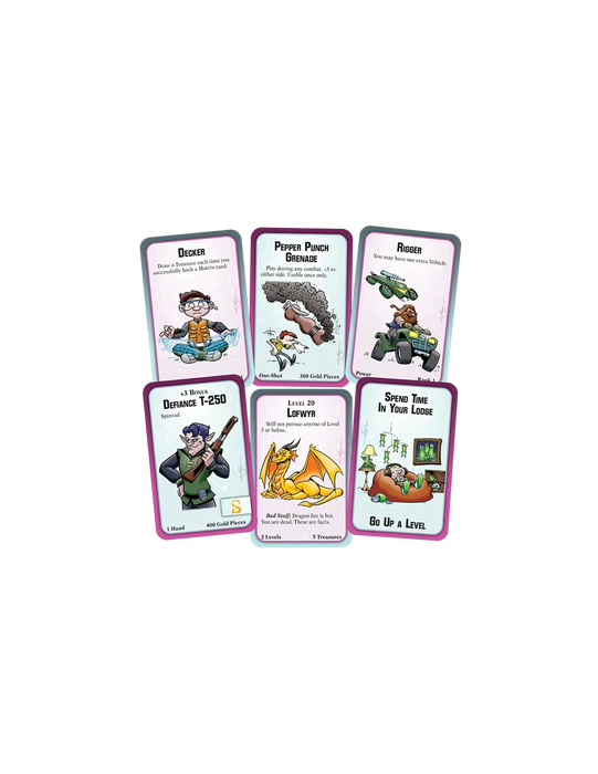 Munchkin Shadowrun kāršu spēles komplekts ar krāsainām ilustrācijām, tēliem un spēles noteikumiem uz baltā fona.