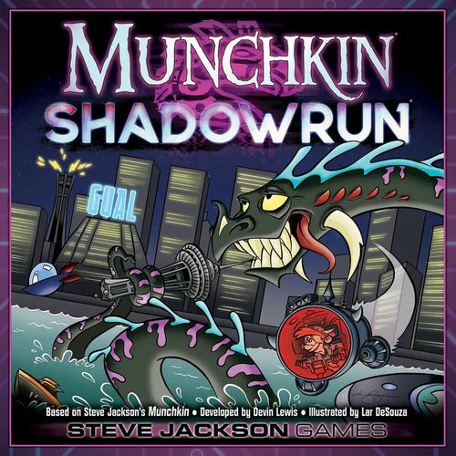 Munchkin Shadowrun galda spēles kaste ar kiberpanka ilustrāciju, kurā redzams pūķis un futūristiska pilsēta tumšos toņos.