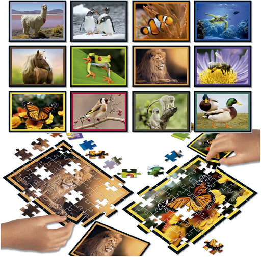 Natura Puzzle Battle galda spēle ar krāsainiem dzīvnieku attēliem un saliekamiem puzles gabaliņiem.