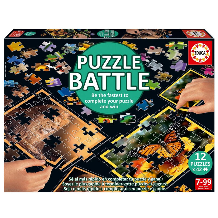 Educa Puzzle Battle galda spēle ar 12 krāsainiem puzles komplektiem, kuros attēloti dzīvnieki un daba.