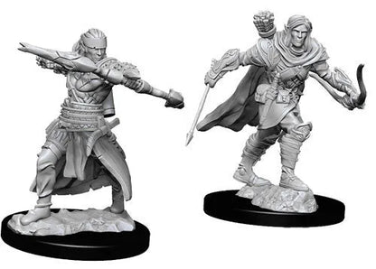 Divas pelēkas Pathfinder miniatūras: pusselfs lokšāvējs ar zobenu un tēls kaujas pozā uz apaļām pamatnēm.