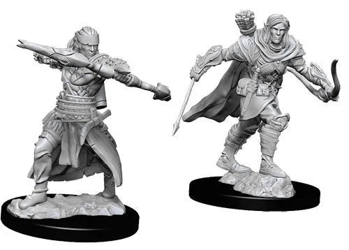 Divas pelēkas Pathfinder miniatūras: pusselfs lokšāvējs ar zobenu un tēls kaujas pozā uz apaļām pamatnēm.