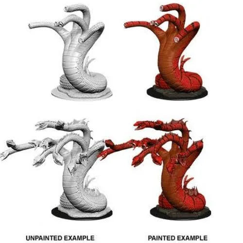 Pathfinder Deep Cuts Hydra miniatūra: nekrāsots pelēks un sarkani krāsots plastmasas modelis ar vairākām galvām.