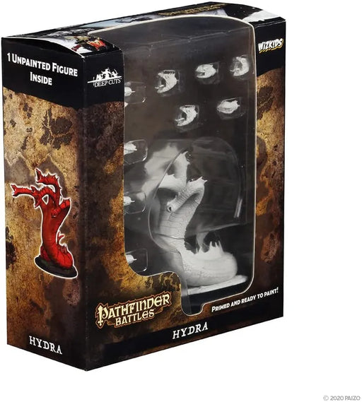 Nekrāsota Pathfinder Hydra miniatūra iepakojumā ar papildu galvām, gatava krāsošanai un galda spēļu piedzīvojumiem.