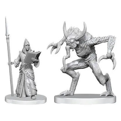 Nekrāsotas Pathfinder miniatūras: dēmonologs ar šķēpu un grāmatu un biedējošs Vloriak dēmons uz apaļām pamatnēm.