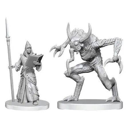 Nekrāsotas Pathfinder miniatūras: dēmonologs ar šķēpu un grāmatu un biedējošs Vloriak dēmons uz apaļām pamatnēm.