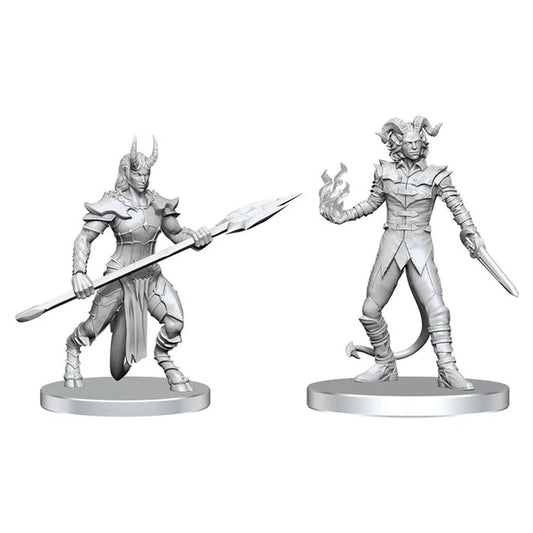 Divas nekrāsotas Pathfinder plastmasas miniatūras: Vordine kājnieks ar šķēpu un Pitborn zaglis ar maģisku liesmu rokā.