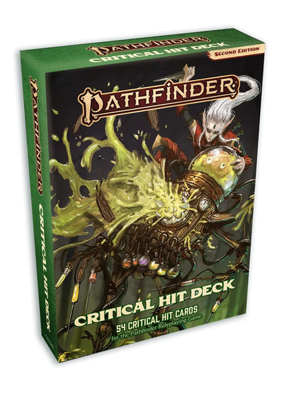 Pathfinder P2 Critical Hit Deck kāršu komplekts ar zaļu iepakojumu un elfa ilustrāciju uz kastes vāka.
