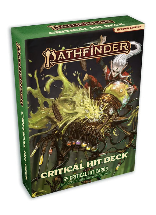 Pathfinder P2 Critical Hit Deck kāršu komplekts ar zaļu iepakojumu un elfa ilustrāciju uz kastes vāka.