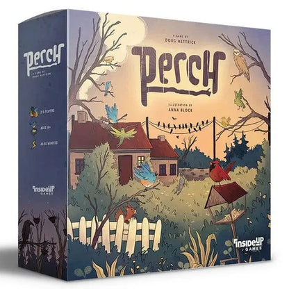 Galda spēles Perch kaste ar krāsainu putnu ilustrāciju, lauku māju un dārza elementiem uz gaiša fona.