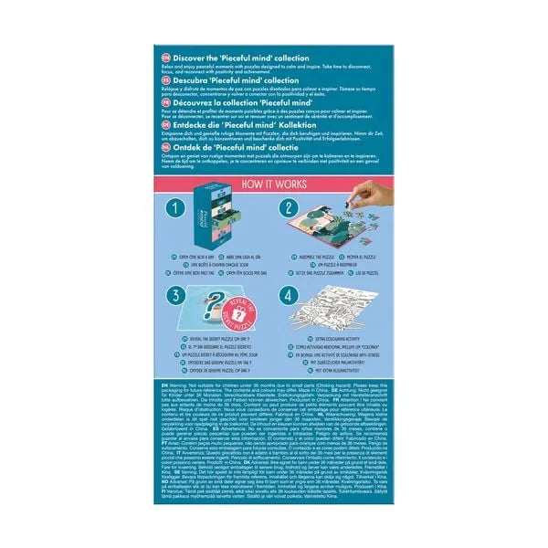Pieceful mind puzļu komplekta iepakojuma aizmugure ar ilustrētu lietošanas pamācību un informāciju par 6x54 gabaliņu puzlēm.