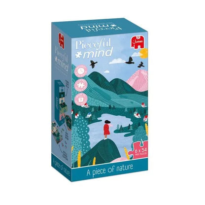 Jumbo Pieceful mind puzļu komplekts ar sešām 54 gabaliņu ainavām zilā kartona kastē relaksācijai.