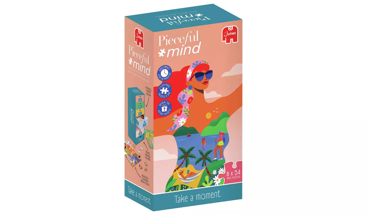 Jumbo Pieceful Mind puzļu komplekts ar sešām 54 gabaliņu puzlēm krāsainā, ilustrētā iepakojumā relaksācijai.