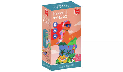 Jumbo Pieceful Mind puzļu komplekts ar sešām 54 gabaliņu puzlēm krāsainā, ilustrētā iepakojumā relaksācijai.