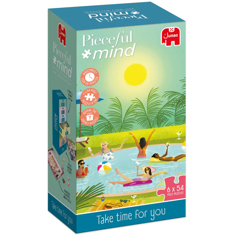 Jumbo Pieceful Mind puzļu komplekts ar 6x54 gabaliņiem, attēlojot atpūtu baseinā, krāsainā un kompaktā iepakojumā.