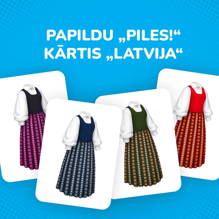 Piles! kāršu spēles papildinājums ar krāsainiem latviešu tautastērpu ilustrāciju komplektiem uz zila fona.