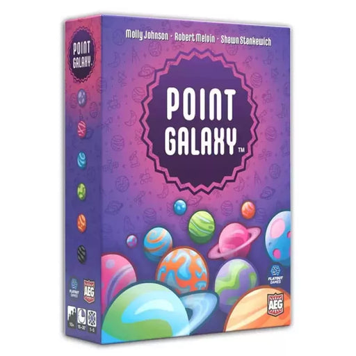 Galda spēle Point Galaxy ar krāsainu planētu ilustrācijām uz violetas kastes fona.