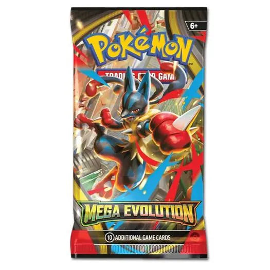 Pokemon Mega Evolution kāršu pakas iepakojums ar Mega Lucario attēlu, spilgti sarkanā un dzeltenā dizainā.