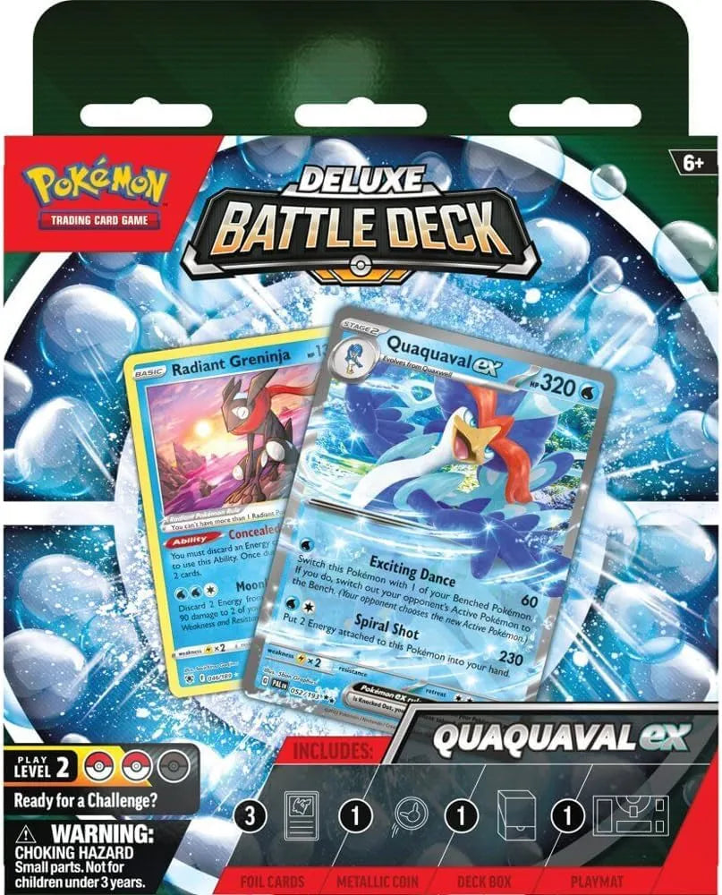 Pokémon TCG Deluxe Battle Deck iepakojums ar Quaquaval ex un Radiant Greninja kārtīm, 60 kāršu komplekts spēlei.