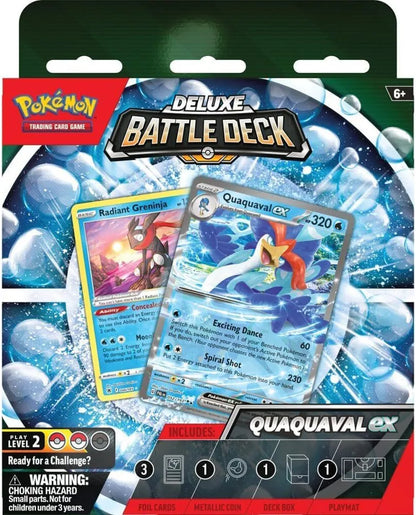 Pokémon TCG Deluxe Battle Deck iepakojums ar Quaquaval ex un Radiant Greninja kārtīm, 60 kāršu komplekts spēlei.