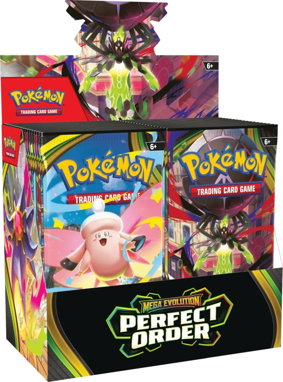 Pokémon TCG Mega Evolution Perfect Order kāršu paciņu displejs ar krāsainiem tēliem un spēles logo.