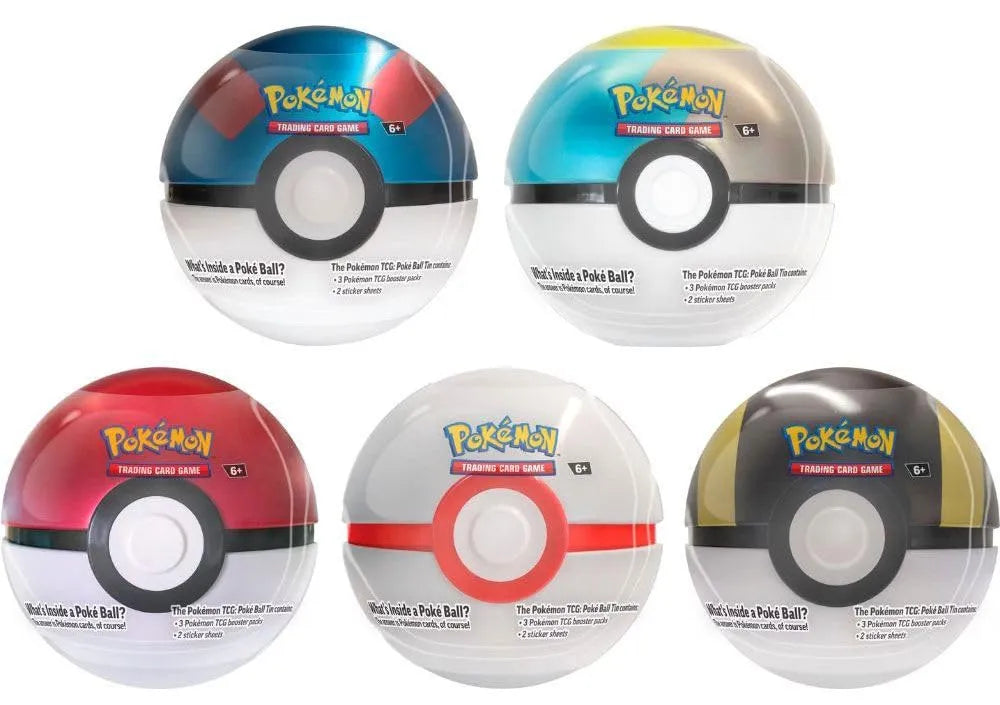Piecas krāsainas Pokémon TCG Poké bumbas formas metāla kārbas kāršu spēļu komplektiem ar uzlīmēm un papildinājuma paciņām.