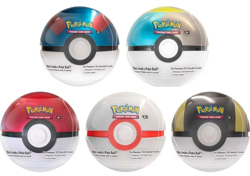 Piecas krāsainas Pokémon TCG Poké bumbas formas metāla kārbas kāršu spēļu komplektiem ar uzlīmēm un papildinājuma paciņām.