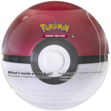 Sarkana un balta Pokémon TCG Poké bumbas formas metāla kārba kāršu komplektiem ar uzrakstiem uz korpusa.